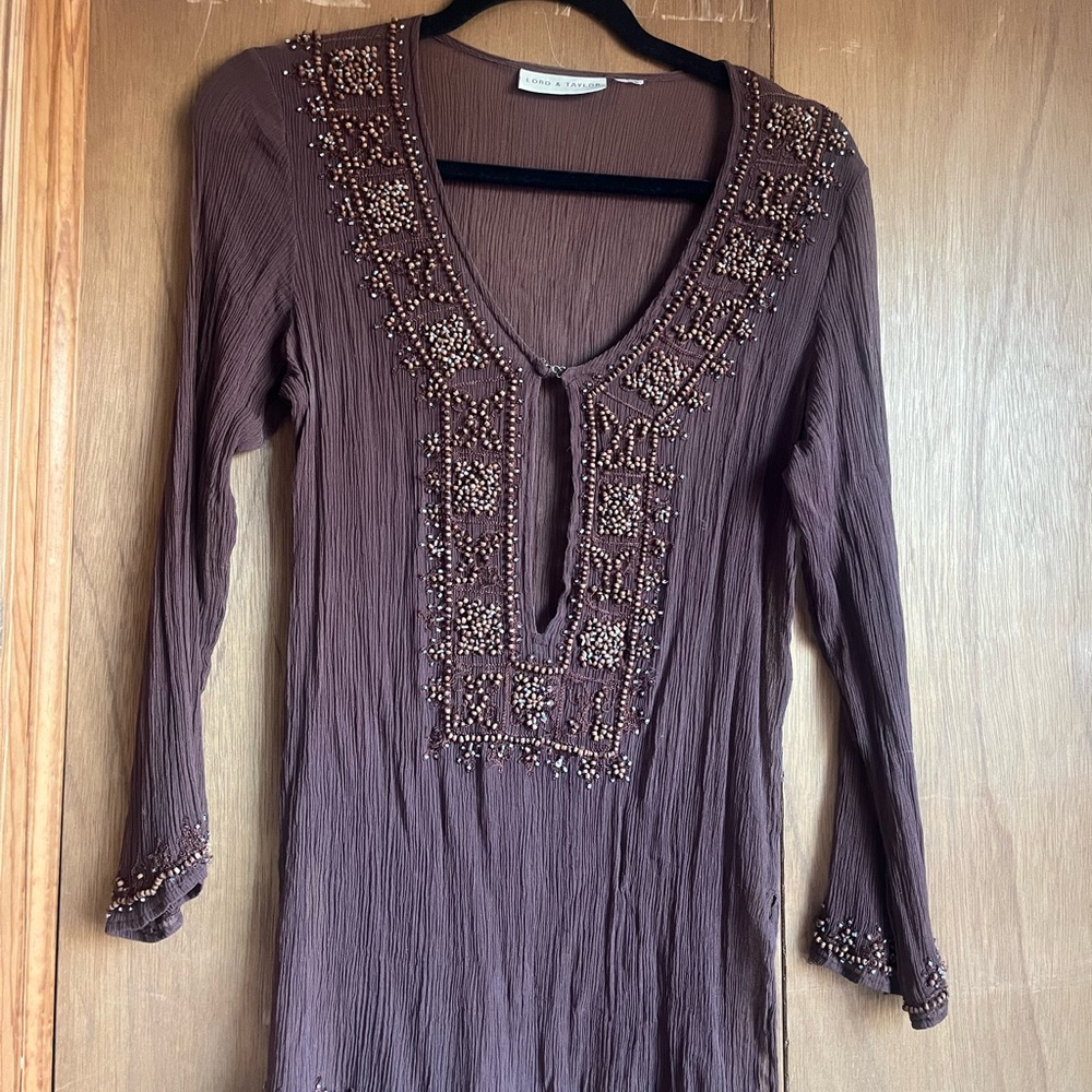 Lord & Taylor Brown Beaded Tunic Top